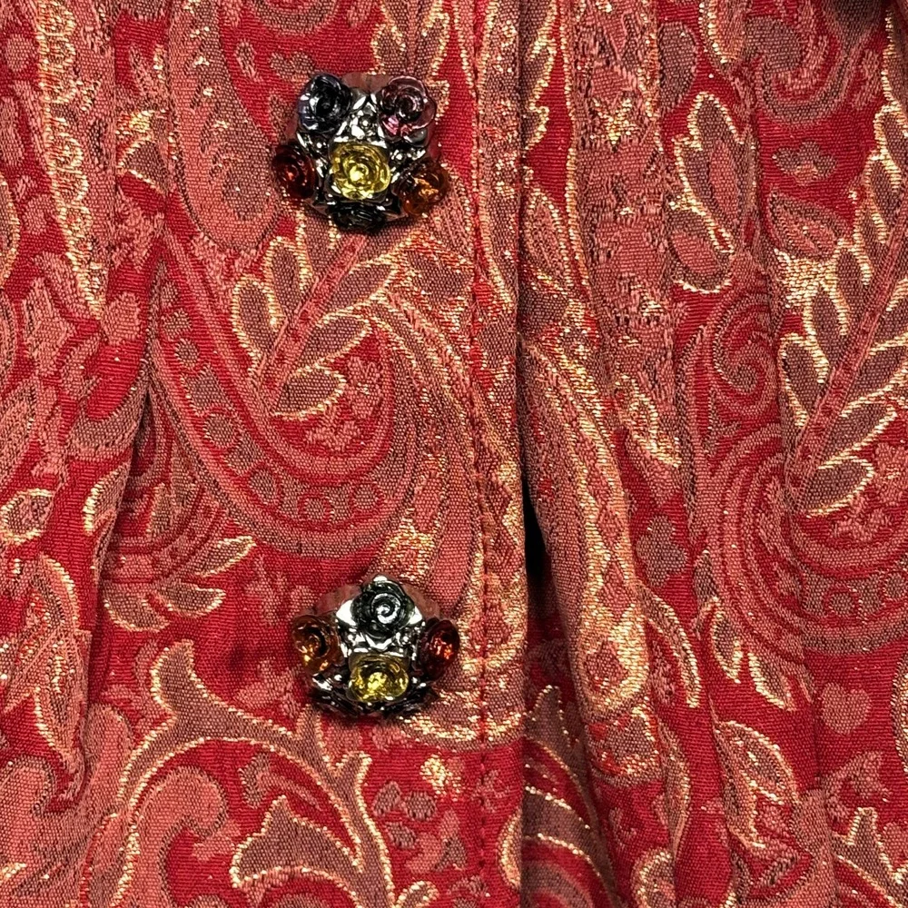Custom Red Gold Paisley Brocade Jacket Womens Small Blazer Wide Collar Victorian